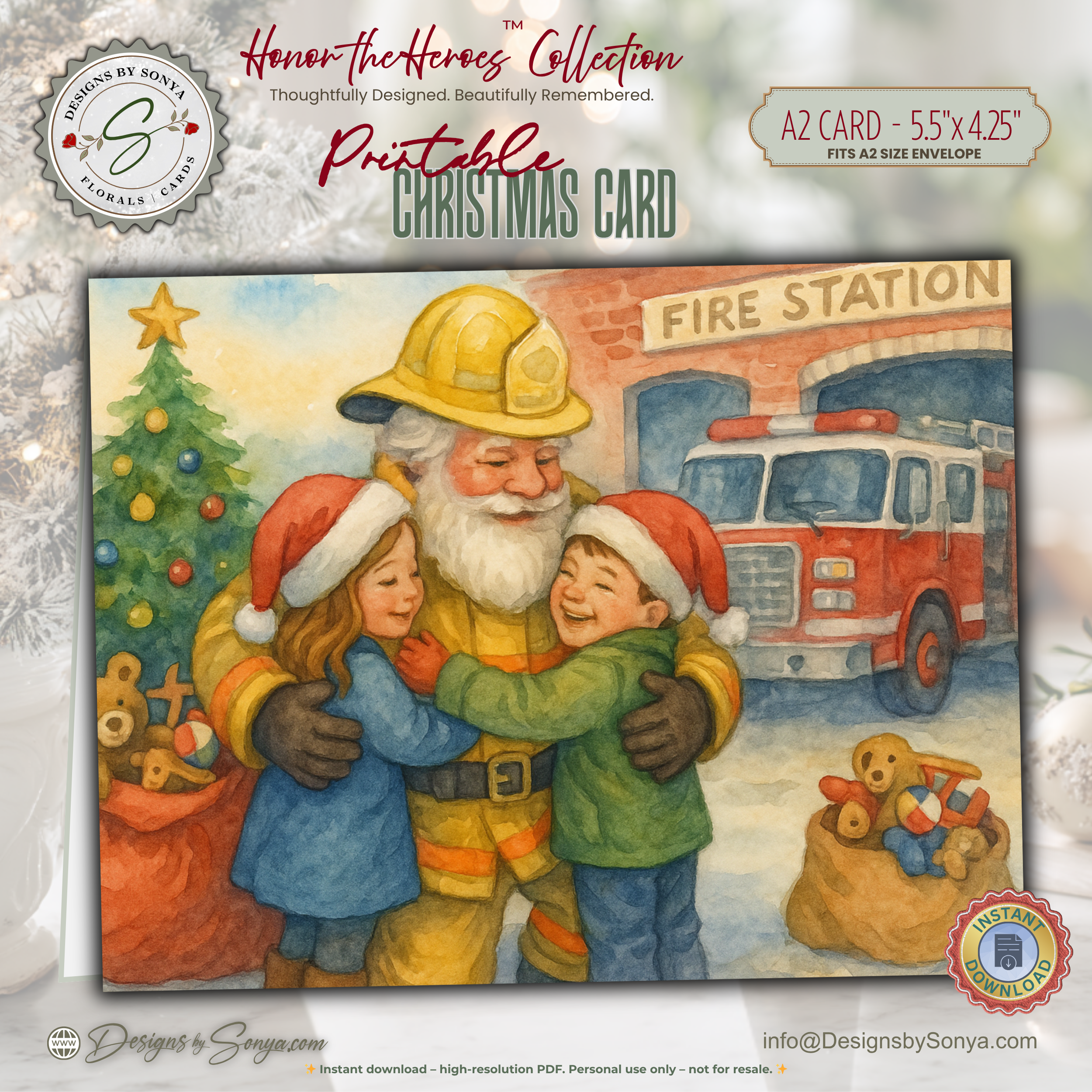 Printable Fireman Santa Christmas Card, Firefighter Holiday Greeting, A2 Card (5.5”x4.25”), First Responder Gift, Watercolor Station Scene, Honor the Heroes
