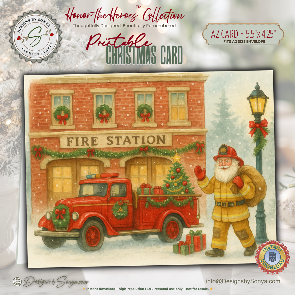 Printable Fireman Santa Christmas Card, Firefighter Holiday Greeting, A2 (5.5”x4.25”), First Responder Gift, Vintage Fire Station Scene