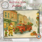 Printable Fireman Santa Christmas Card, Firefighter Holiday Greeting, A2 (5.5”x4.25”), First Responder Gift, Vintage Downtown Toy Shop Scene
