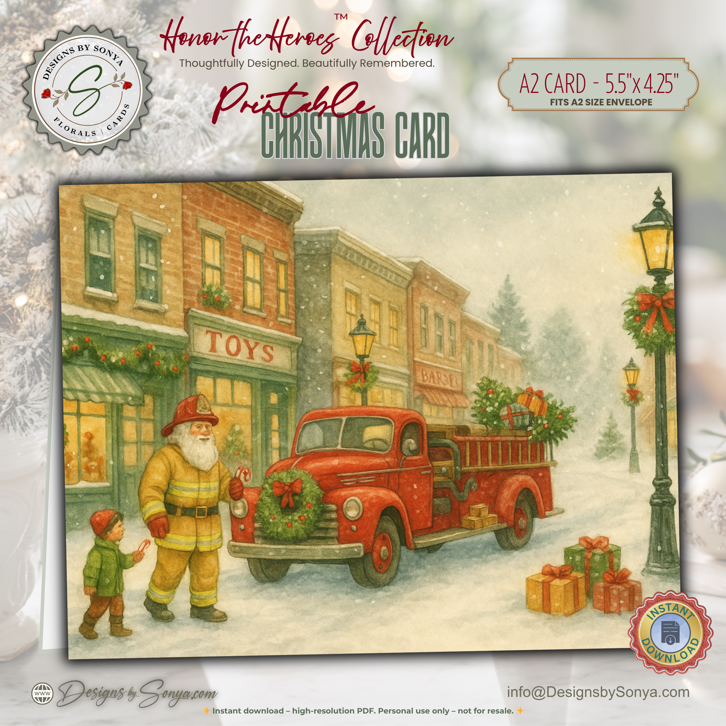 Printable Fireman Santa Christmas Card, Firefighter Holiday Greeting, A2 (5.5”x4.25”), First Responder Gift, Vintage Downtown Toy Shop Scene