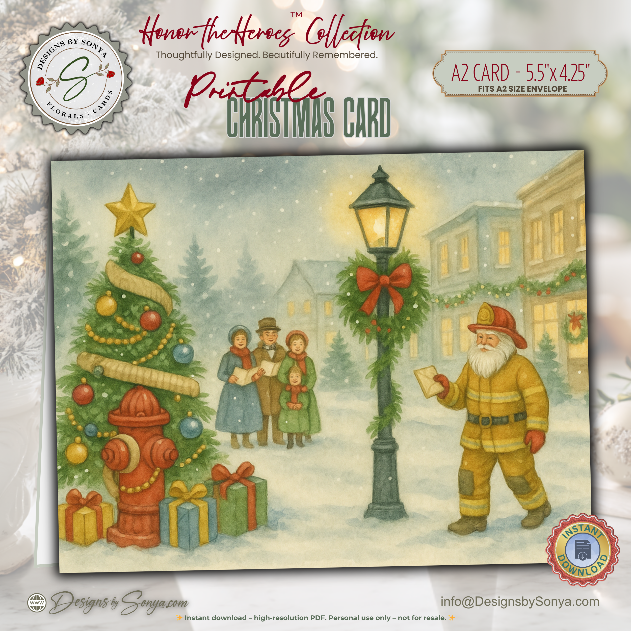 Printable Fireman Santa Christmas Card, Firefighter Holiday Greeting, A2 (5.5”x4.25”), First Responder Gift, Vintage Christmas Street Scene