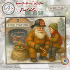 Fireman Santa Printable Christmas Card • A2 (5.5”x4.25”) • Fire Station Scene with Child & Candy Cane, Watercolor Holiday Art