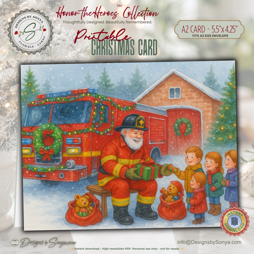 Fireman Santa Printable Christmas Card • A2 (5.5”x4.25”) • Watercolor Firetruck Scene with Kids, Gifts & Holiday Cheer