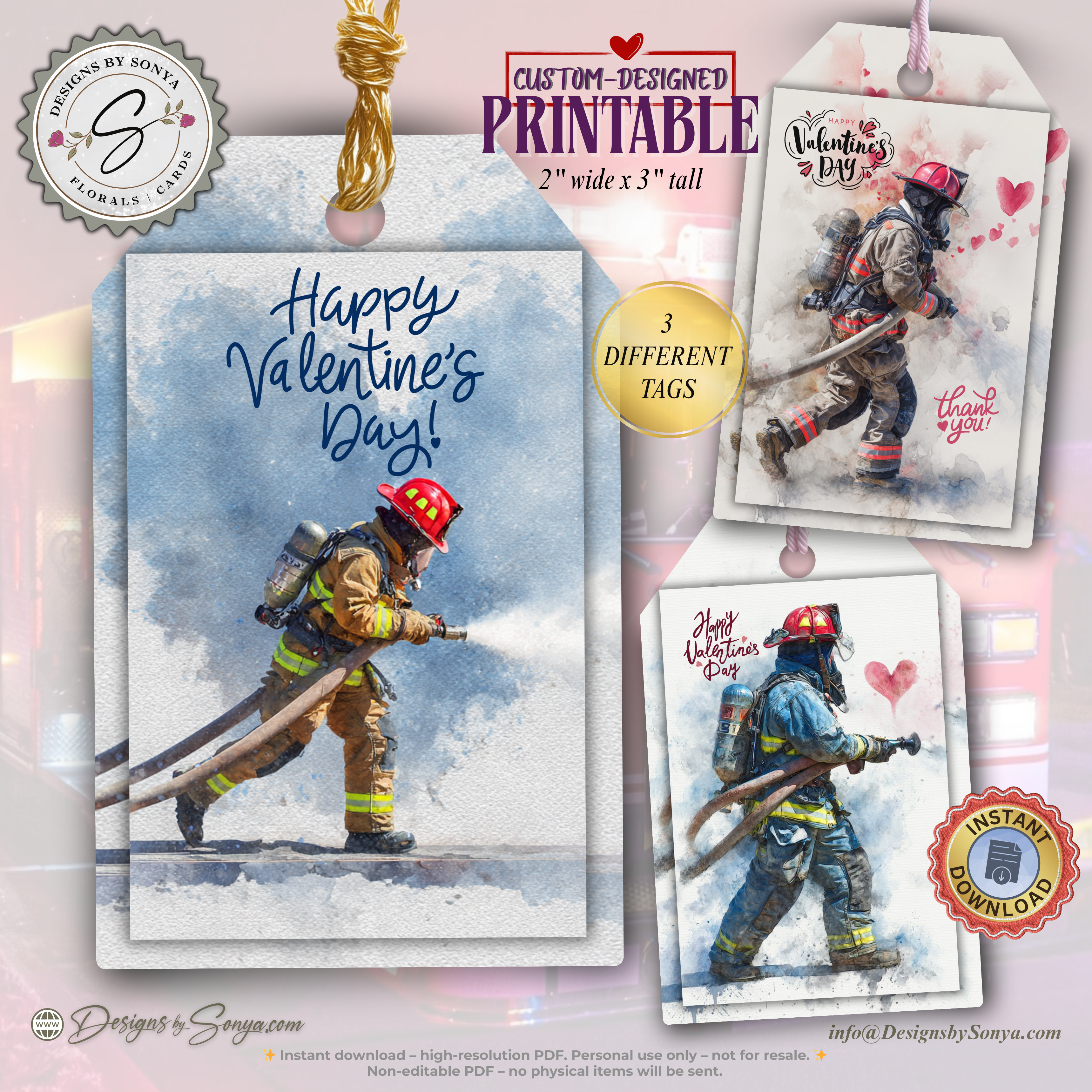 Firefighter Valentine Printable Gift Tags – Watercolor Fireman Label – First Responder Treat Tag – 2” x 3” Holiday Favor