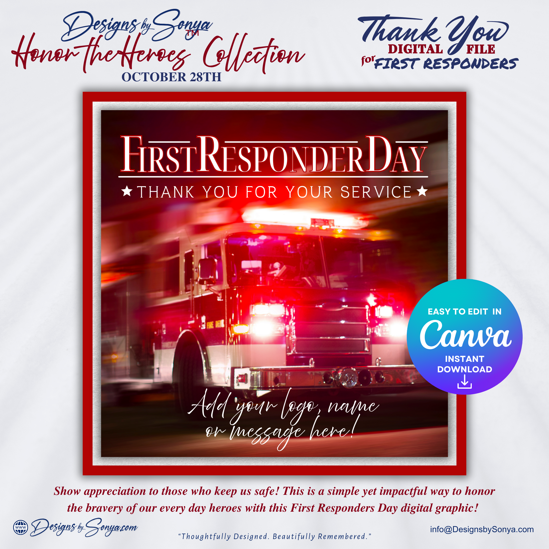 First Responder Firetruck Digital Download | Editable Canva Template | Thank You for Your Service Printable | Hero Appreciation Art