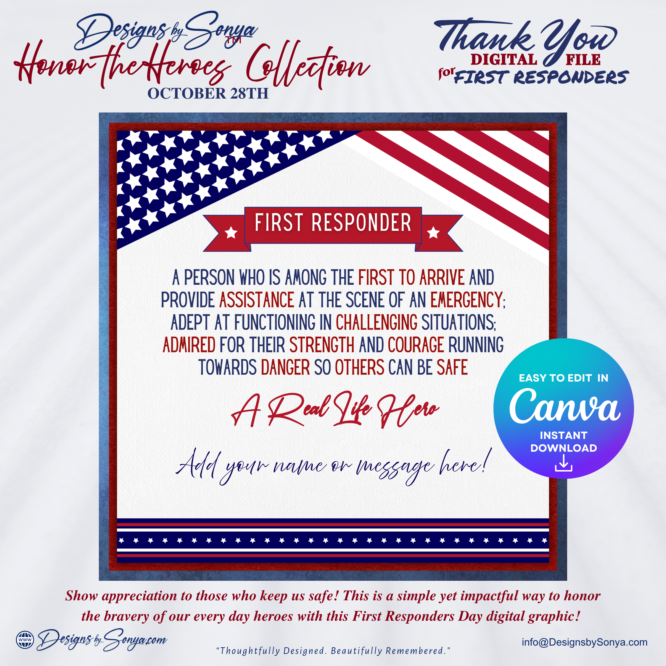 First Responder Digital Download | Editable Canva Template | Honor the Heroes Collection | Instant Printable Thank You Gift
