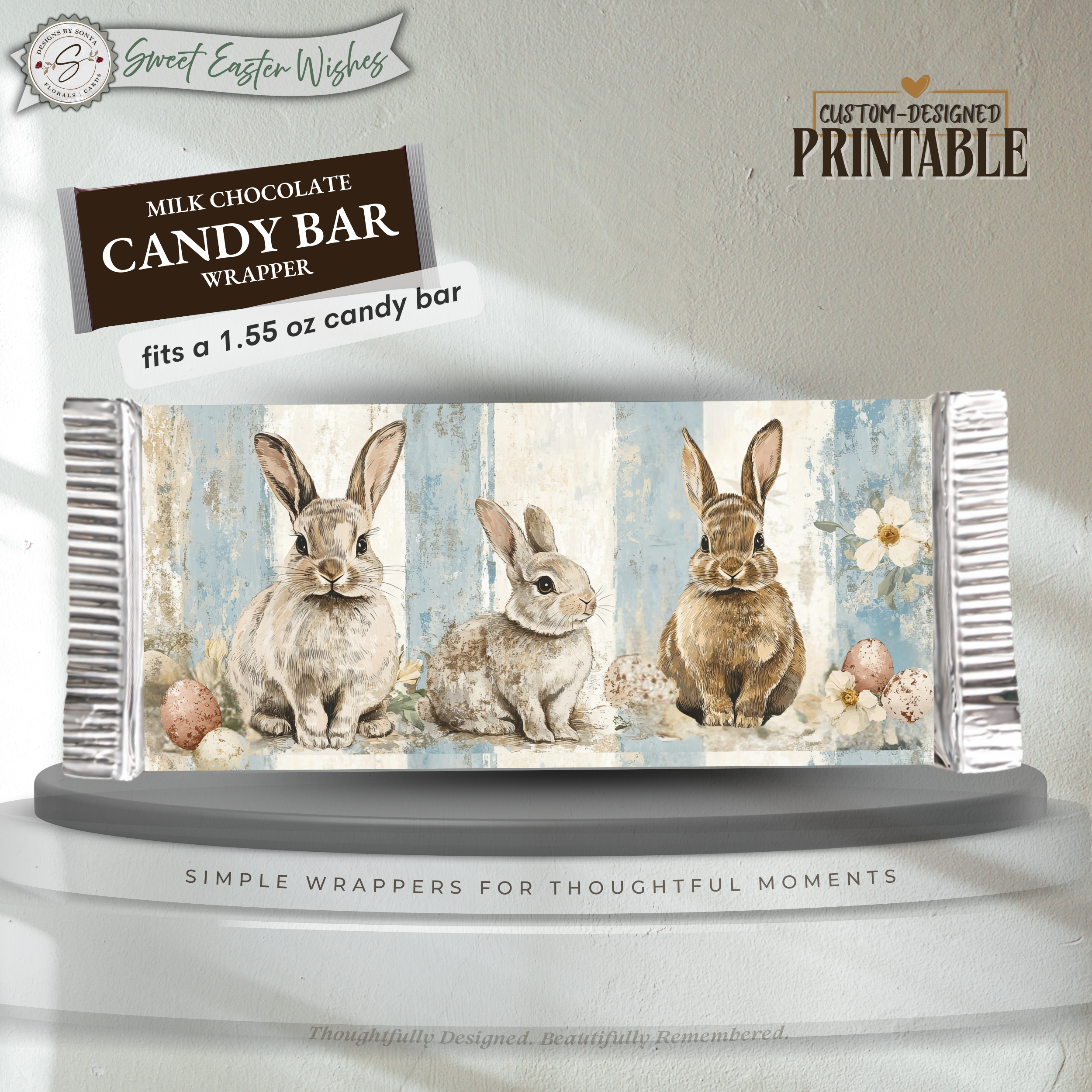 Easter Bunny Candy Bar Wrapper Printable – Trio Bunny Chocolate Bar Sleeve – Spring Treat Party Favor for Kids, Teachers & Friends