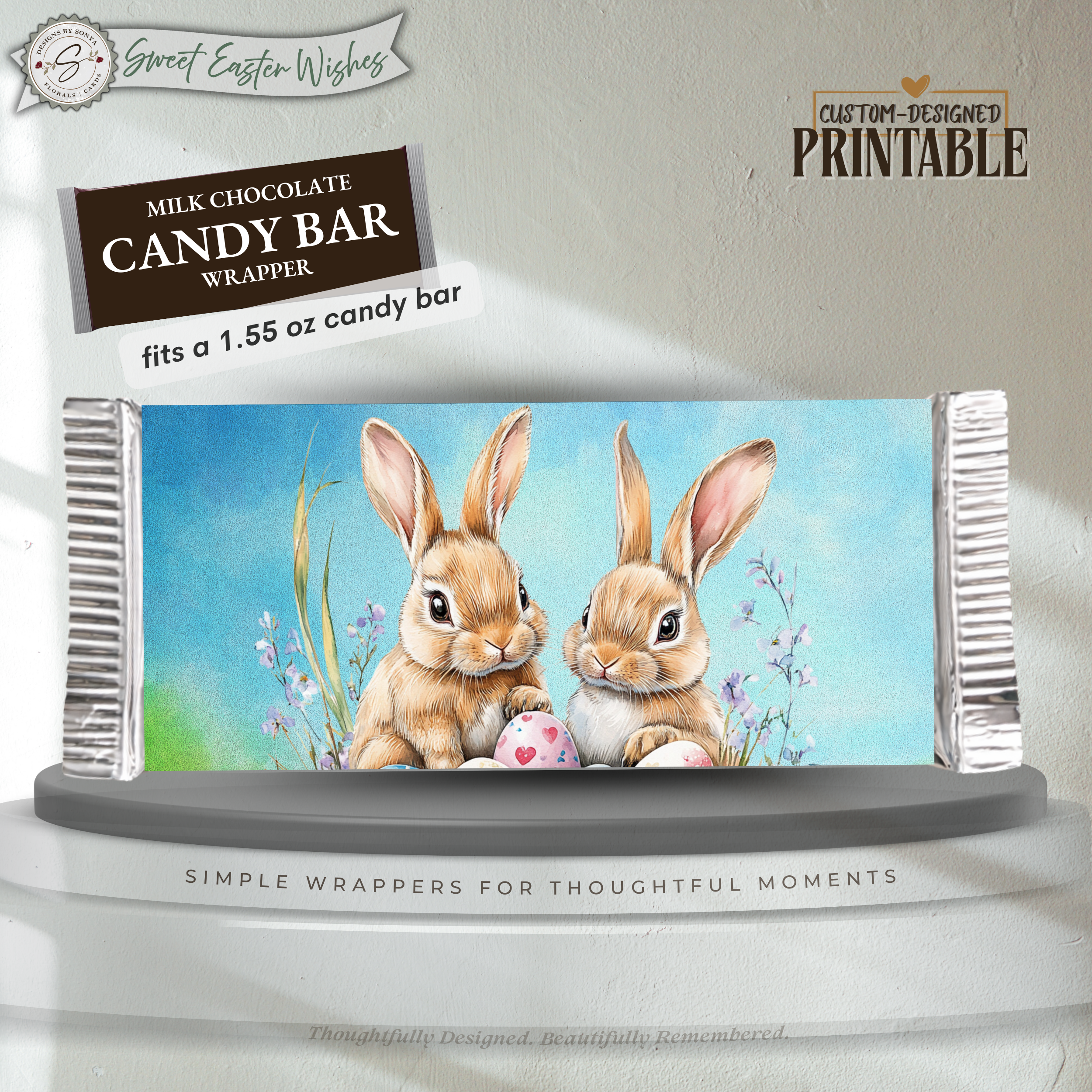 Watercolor Bunny Easter Candy Bar Wrapper Printable – Nest & Speckled Eggs Chocolate Wrap for 1.55 oz Bars – Spring Party Favor - Easter Basket Treat