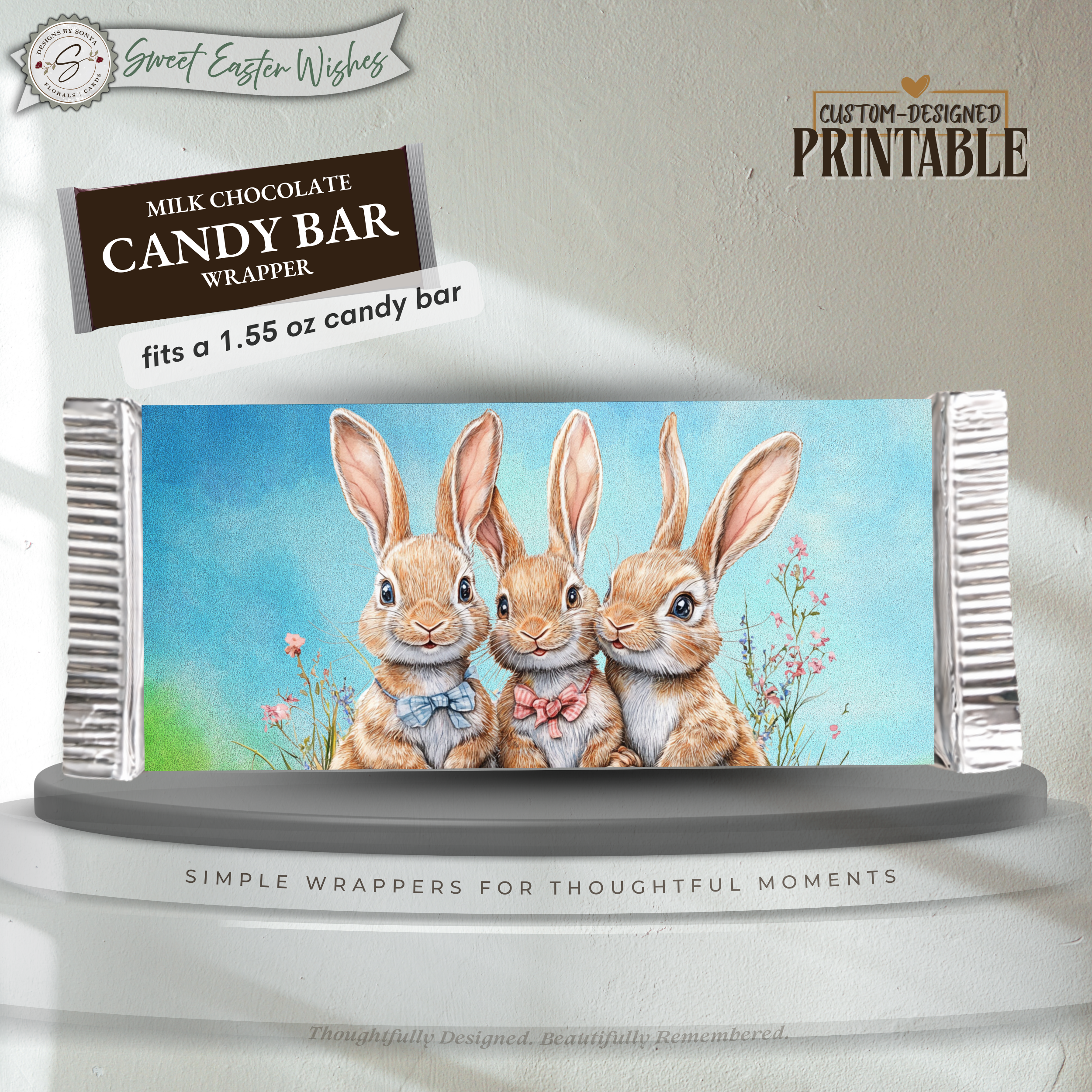 Three Bunny Easter Candy Bar Wrapper Printable – Watercolor Spring Chocolate Wrap for 1.55 oz Bars – Classroom Party Favor - Easter Basket Treat