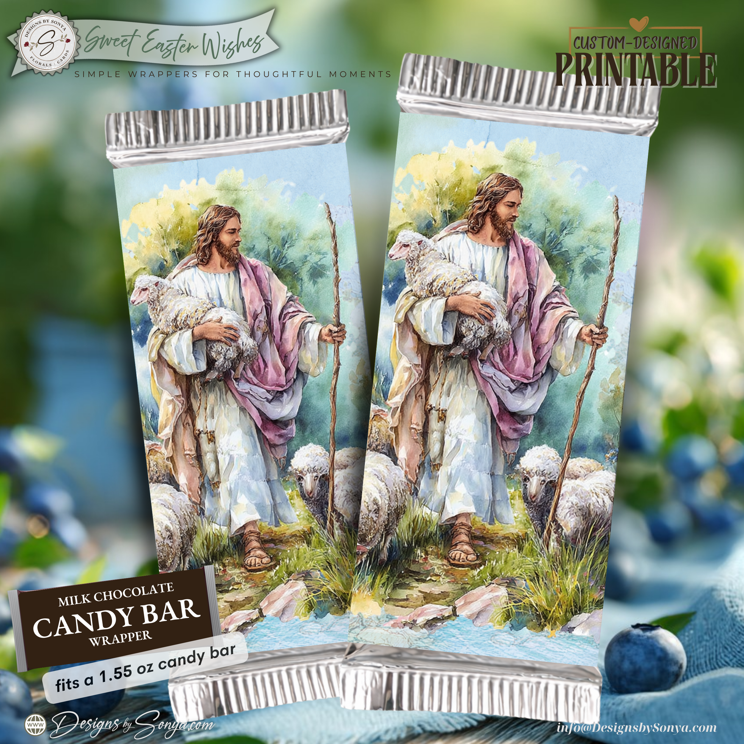 Good Shepherd Easter Candy Bar Wrapper Printable – Jesus with Lamb Watercolor Chocolate Wrap for 1.55 oz Bars – Religious Spring Basket Favor