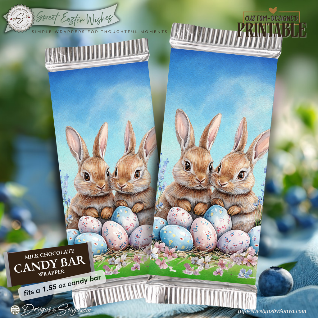 Sweet Easter Wishes Bunny Candy Bar Wrapper Printable – Watercolor Chocolate Sleeve for 1.55 oz Bars – Spring Basket Party Favor Treat