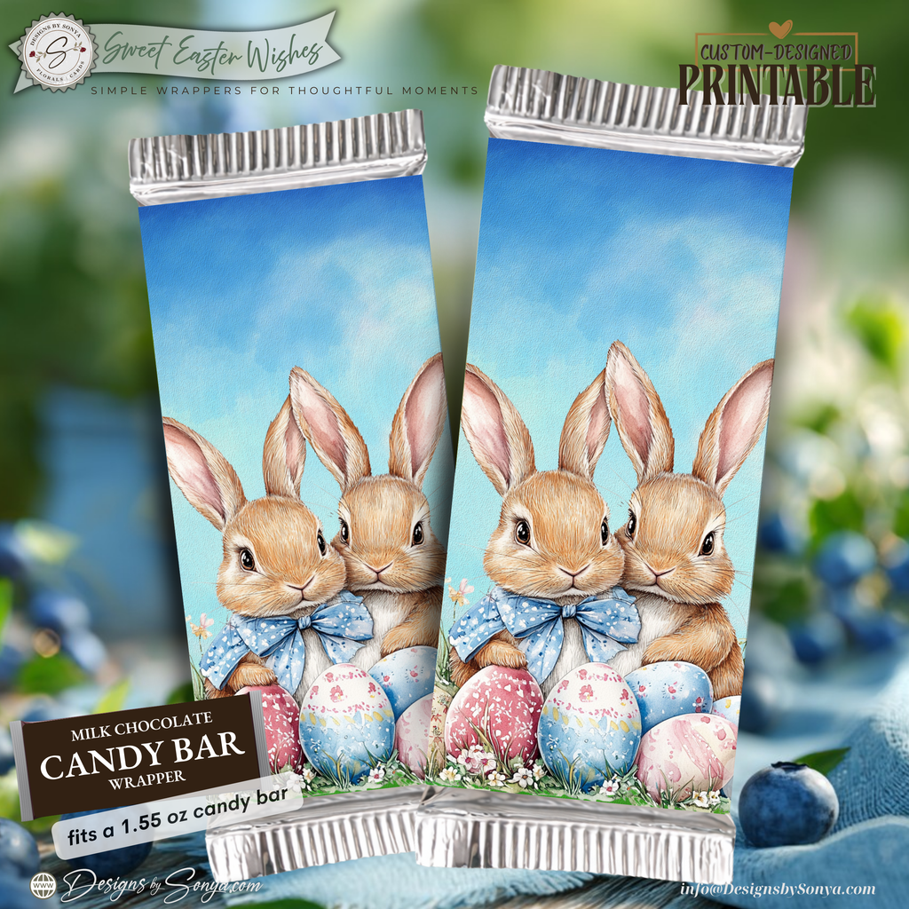 Sweet Easter Wishes Bunny Candy Bar Wrapper Printable – Watercolor Easter Chocolate Wrap for 1.55 oz Bars – Spring Basket Party Favor Treat