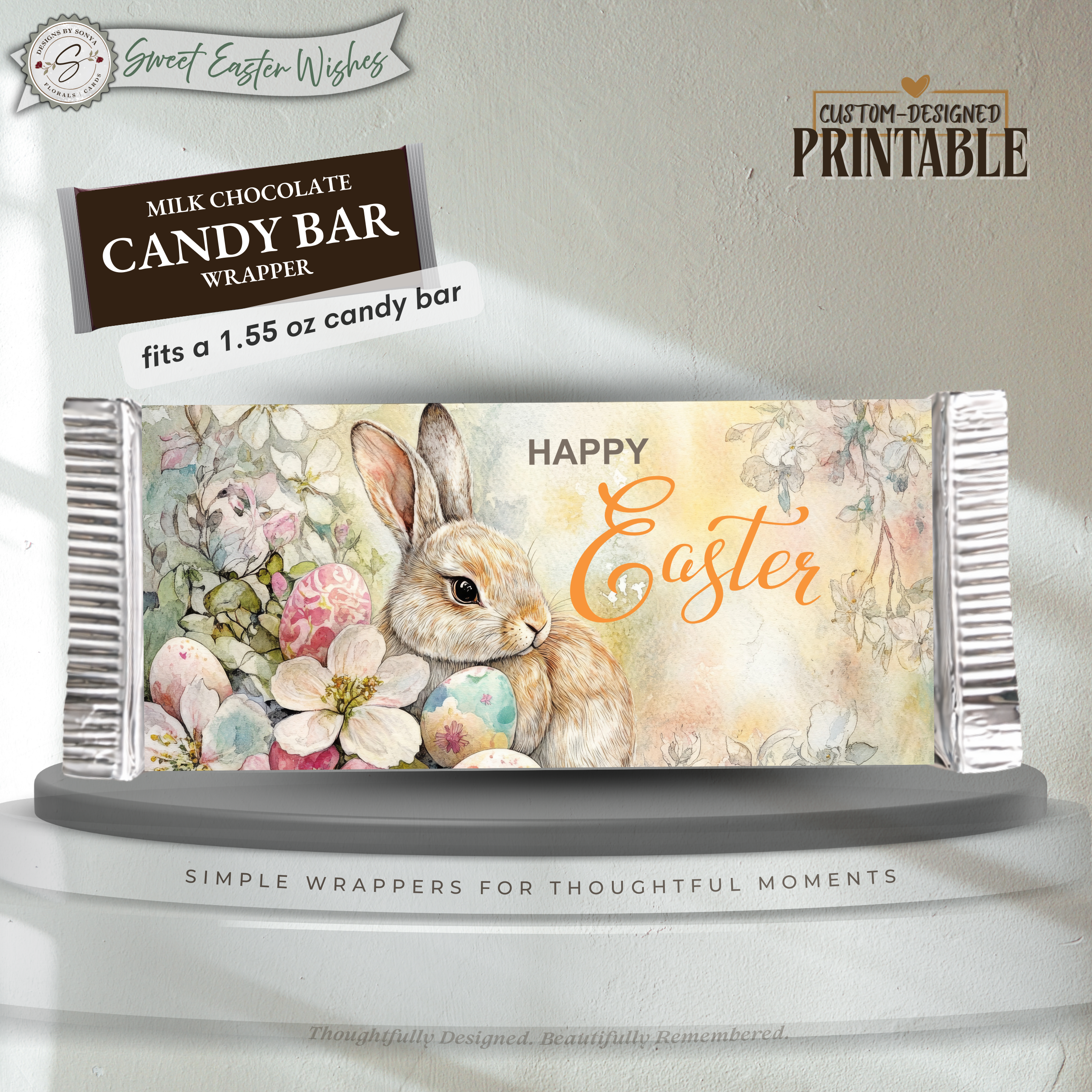 Easter Bunny Candy Bar Wrapper Printable – Watercolor Floral Happy Easter Chocolate Sleeve – Spring Party Favor for Kids Teachers Friends