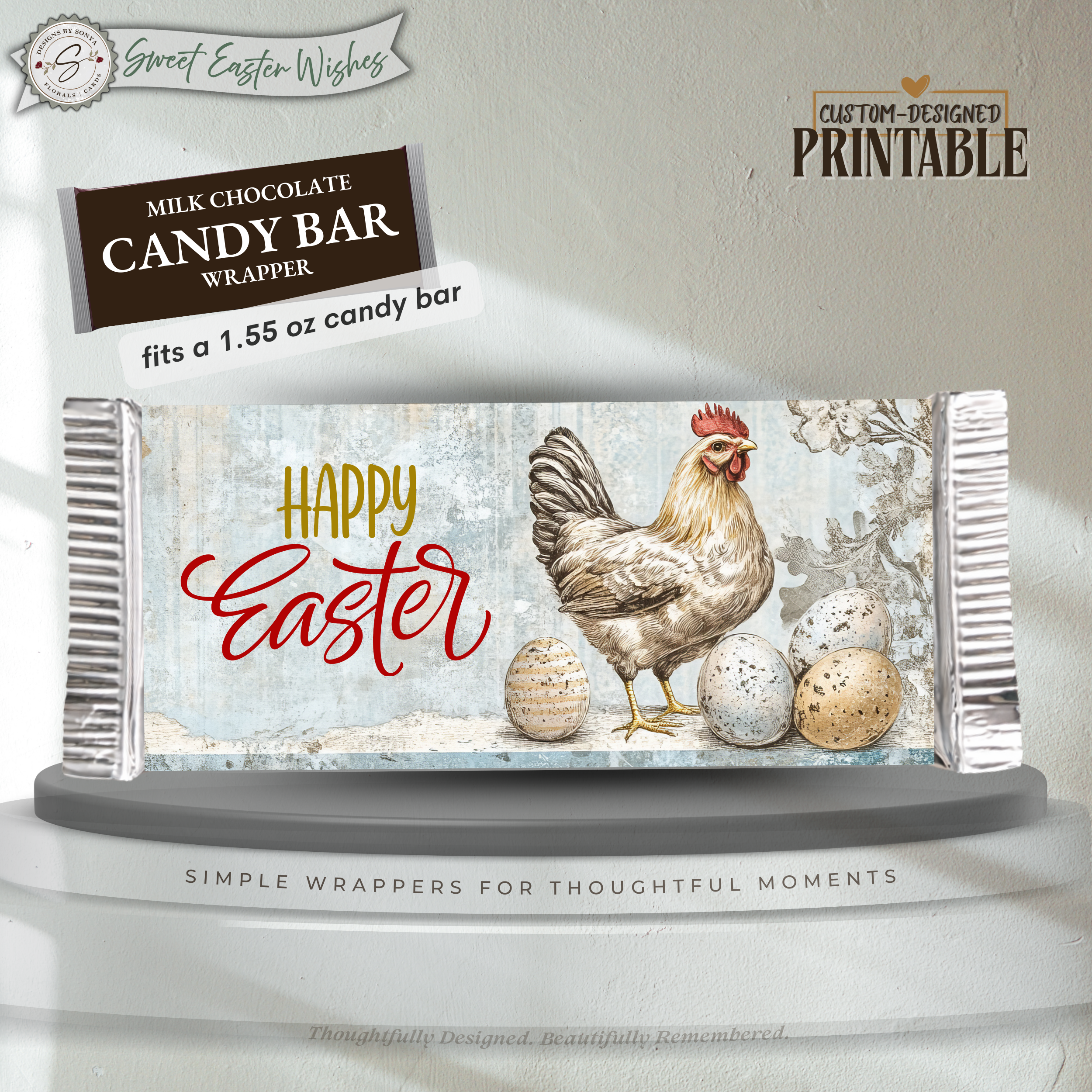 Happy Easter Candy Bar Wrapper Printable – Farm Chicken Chocolate Bar Sleeve – Rustic Spring Party Favor for Kids Teachers Friends