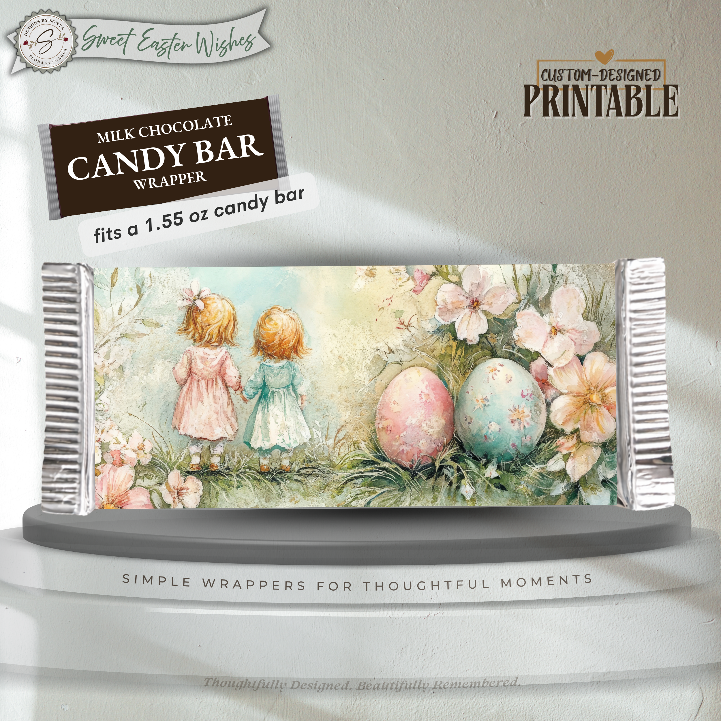 Vintage Easter Girls Candy Bar Wrapper Printable – Watercolor Spring Children Chocolate Sleeve – Easter Party Favor Treat for Easter Baskets