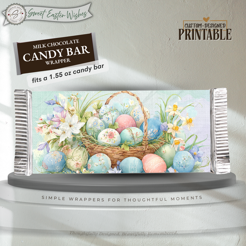 Easter Basket Eggs Candy Bar Wrapper Printable – Sweet Easter Wishes Chocolate Sleeve – Spring Party Favor for Kids Teachers Friends