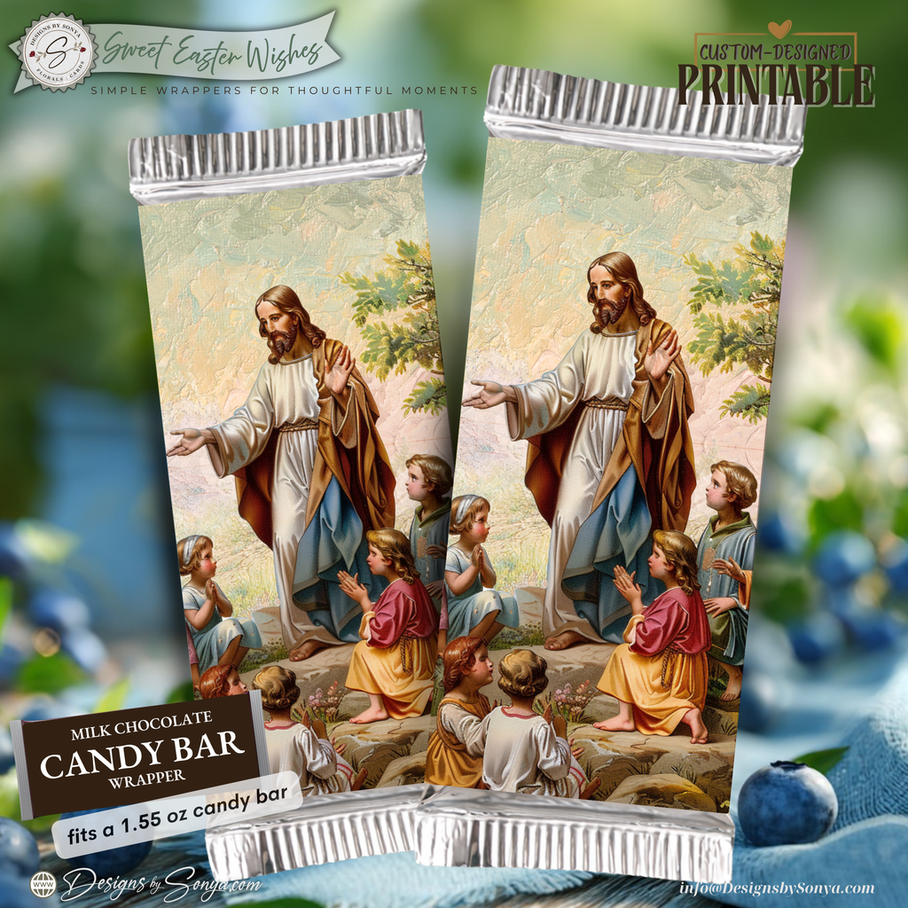 Jesus with Children Easter Candy Bar Wrapper Printable – Faith Based Chocolate Wrap for 1.55 oz Bars – Religious Spring Party Favor - Easter Basket