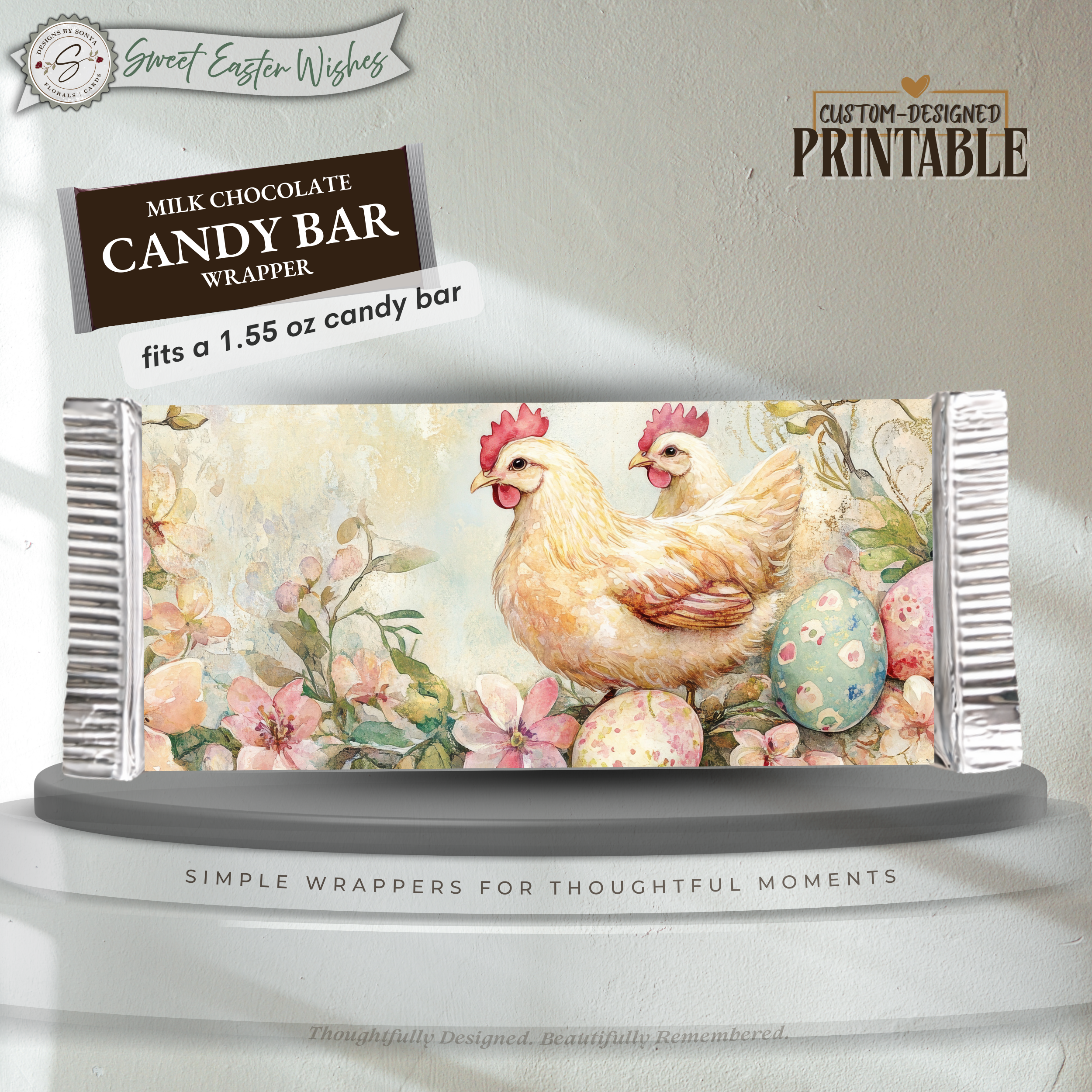 Farm Chicken Easter Candy Bar Wrapper Printable – Rustic Watercolor Happy Easter Chocolate Sleeve – Spring Party Favor Treats for Easter Baskets
