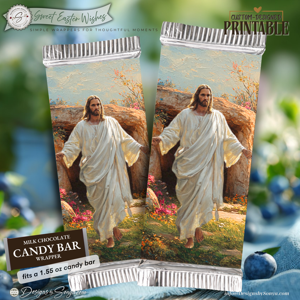 He Is Risen Easter Candy Bar Wrapper Printable – Resurrection Jesus Watercolor Chocolate Wrap for 1.55 oz Bars – Religious Spring Easter Basket Favor