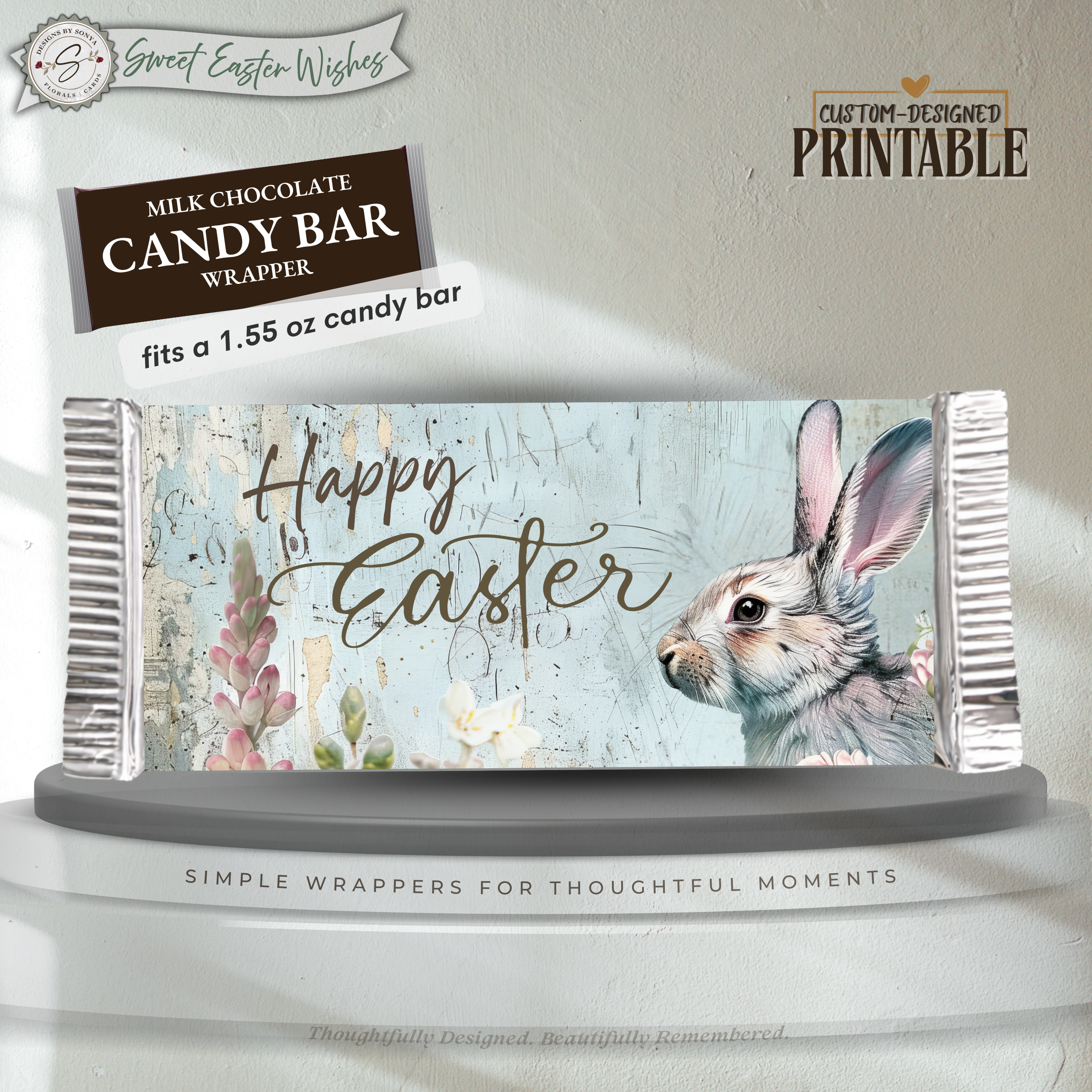 Watercolor Bunny Easter Candy Bar Wrapper Printable – Sweet Easter Wishes Chocolate Sleeve – Easter Basket Party Favor for Kids Teachers Friends