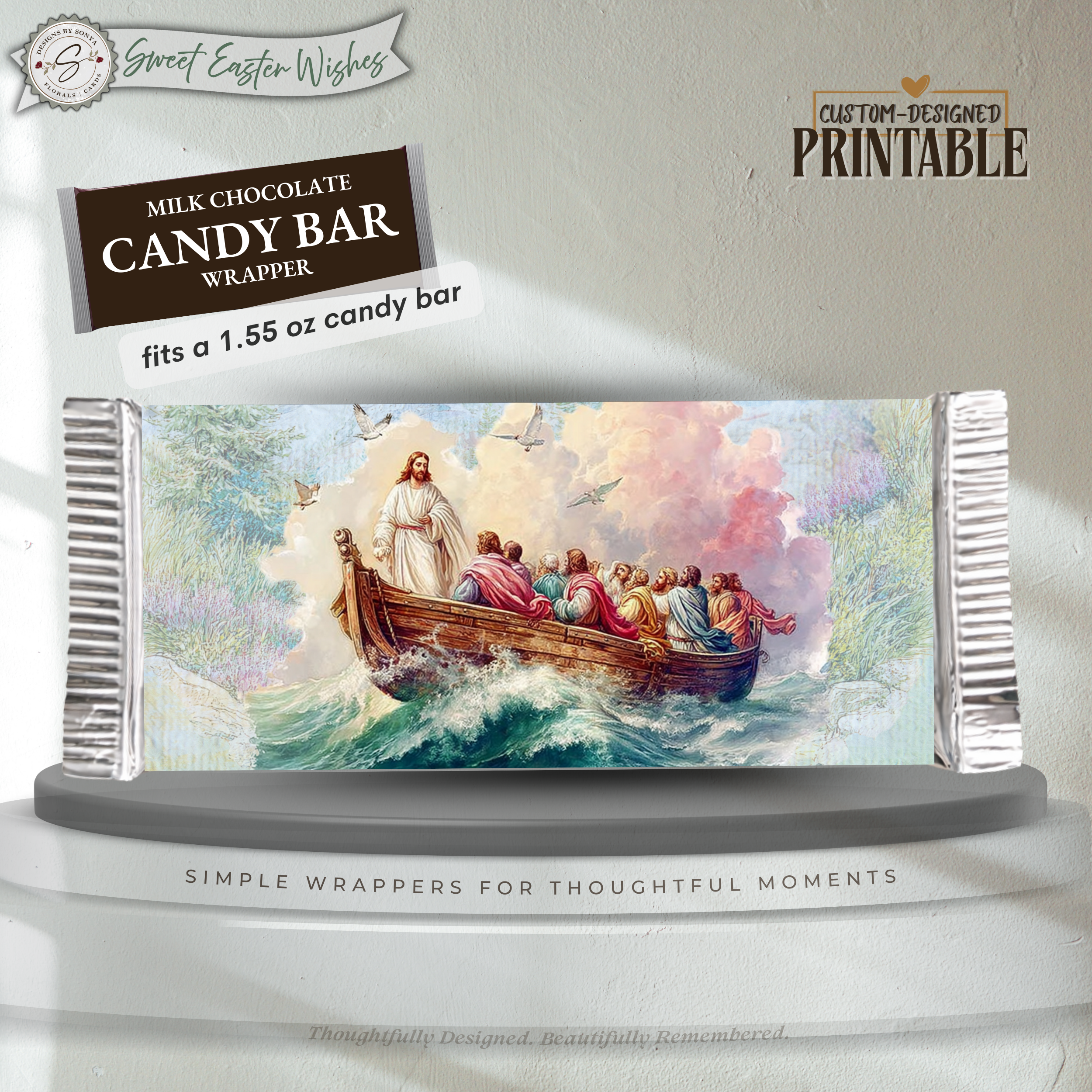 Jesus Calms the Storm Easter Candy Bar Wrapper Printable – Watercolor Disciples Boat Chocolate Wrap for 1.55 oz Bars – Religious Easter Basket Favor