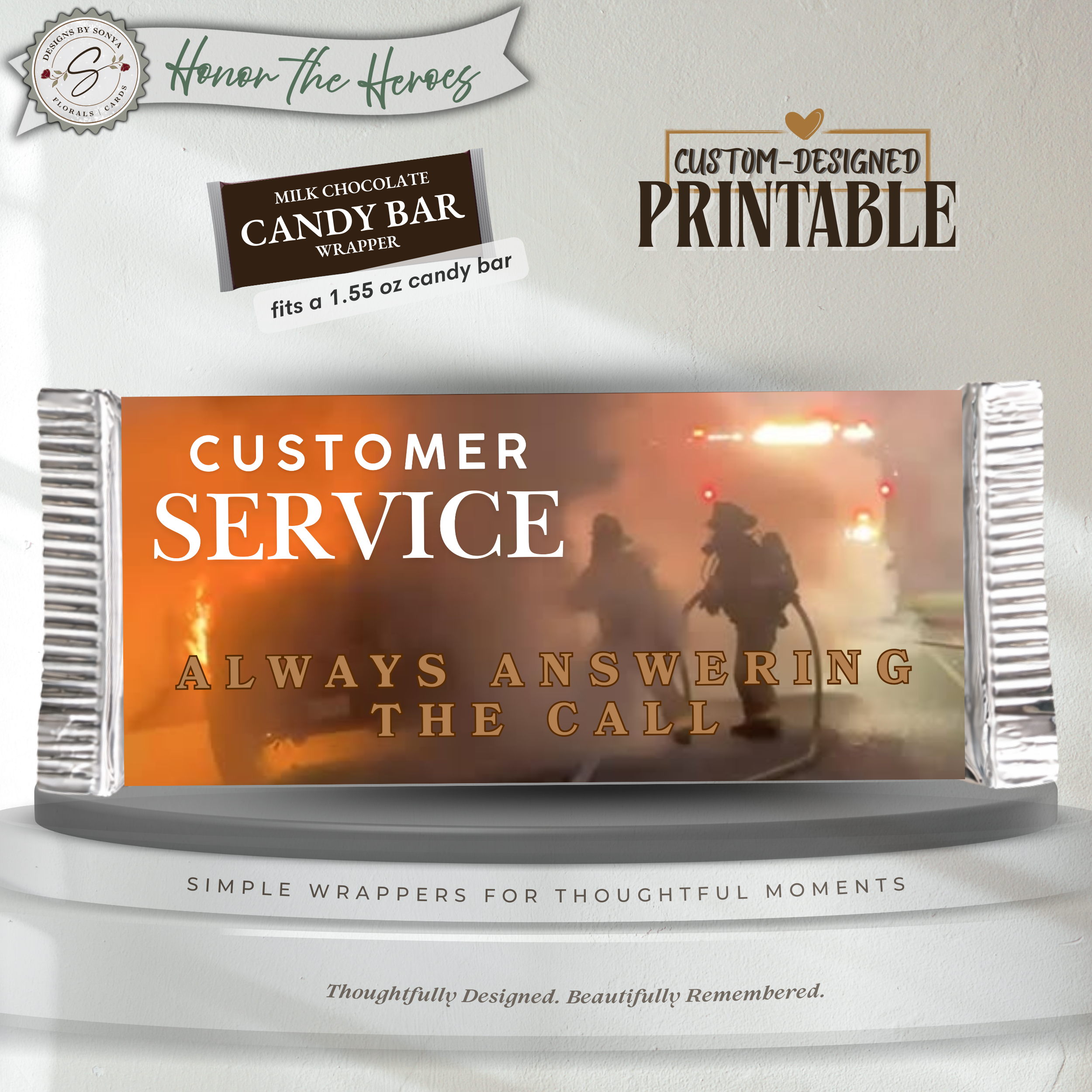Customer Service First Responder Candy Bar Wrapper Printable – Honor the Heroes Thank You Gift – Firefighter EMS Police Appreciation - 1.55oz Chocolate Bar