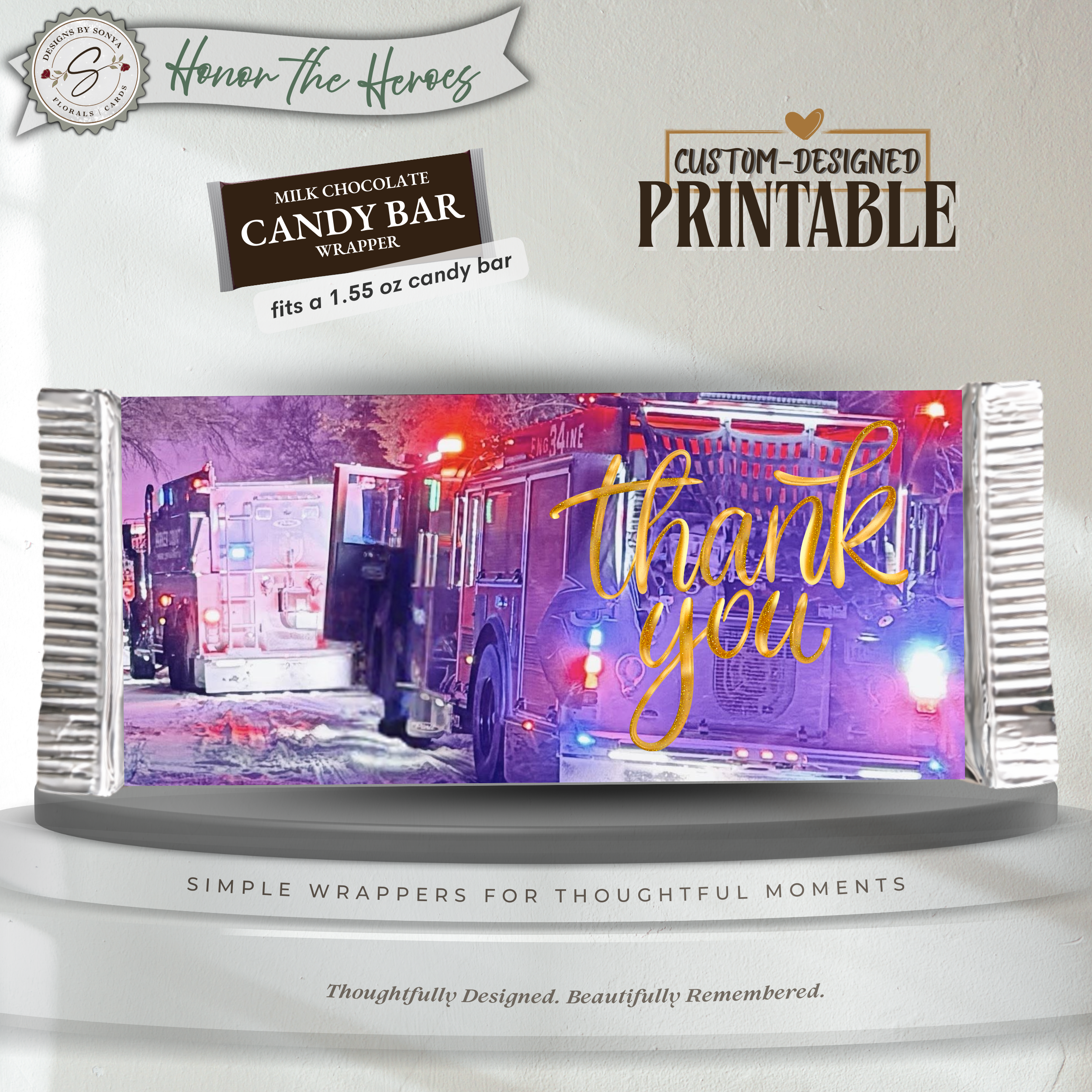 First Responder Candy Bar Wrapper Printable – Thank You Firefighter EMT Gift – Honor the Heroes Chocolate Wrapper – Fits 1.55 oz Candy Bar - Instant Download