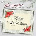 Merry Christmas Notecard Front Design
Handcrafted Christmas notecard with elegant script “Merry Christmas” on a soft winter background, decorated with vibrant red poinsettias and holiday greenery.