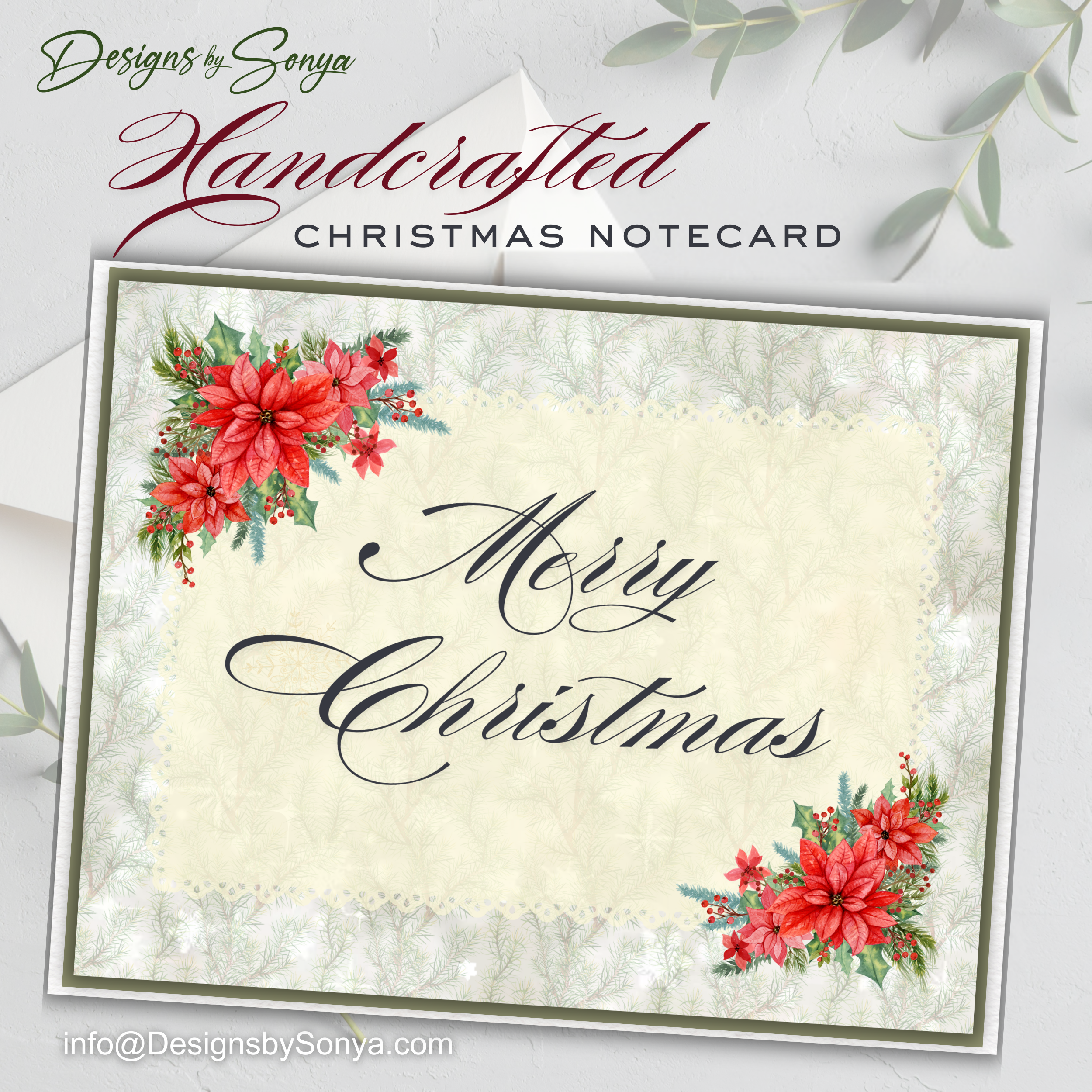 Merry Christmas Notecard Front Design
Handcrafted Christmas notecard with elegant script “Merry Christmas” on a soft winter background, decorated with vibrant red poinsettias and holiday greenery.