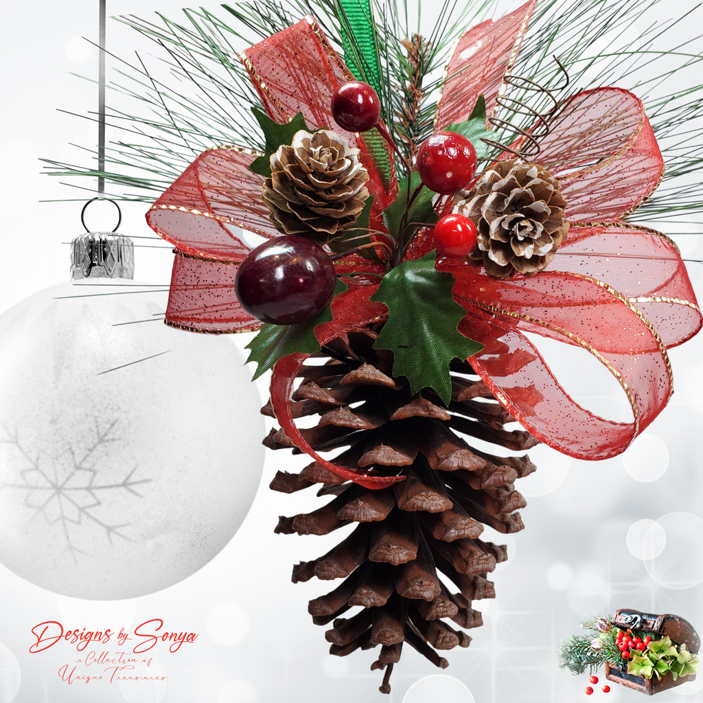 Pinecone Ornament with White Bauble Background
Rustic handcrafted pinecone ornament decorated with red glitter ribbon, faux holly leaves, glossy red berries, and frosted pinecones against a holiday background.