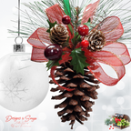 Pinecone Ornament with White Bauble Background
Rustic handcrafted pinecone ornament decorated with red glitter ribbon, faux holly leaves, glossy red berries, and frosted pinecones against a holiday background.