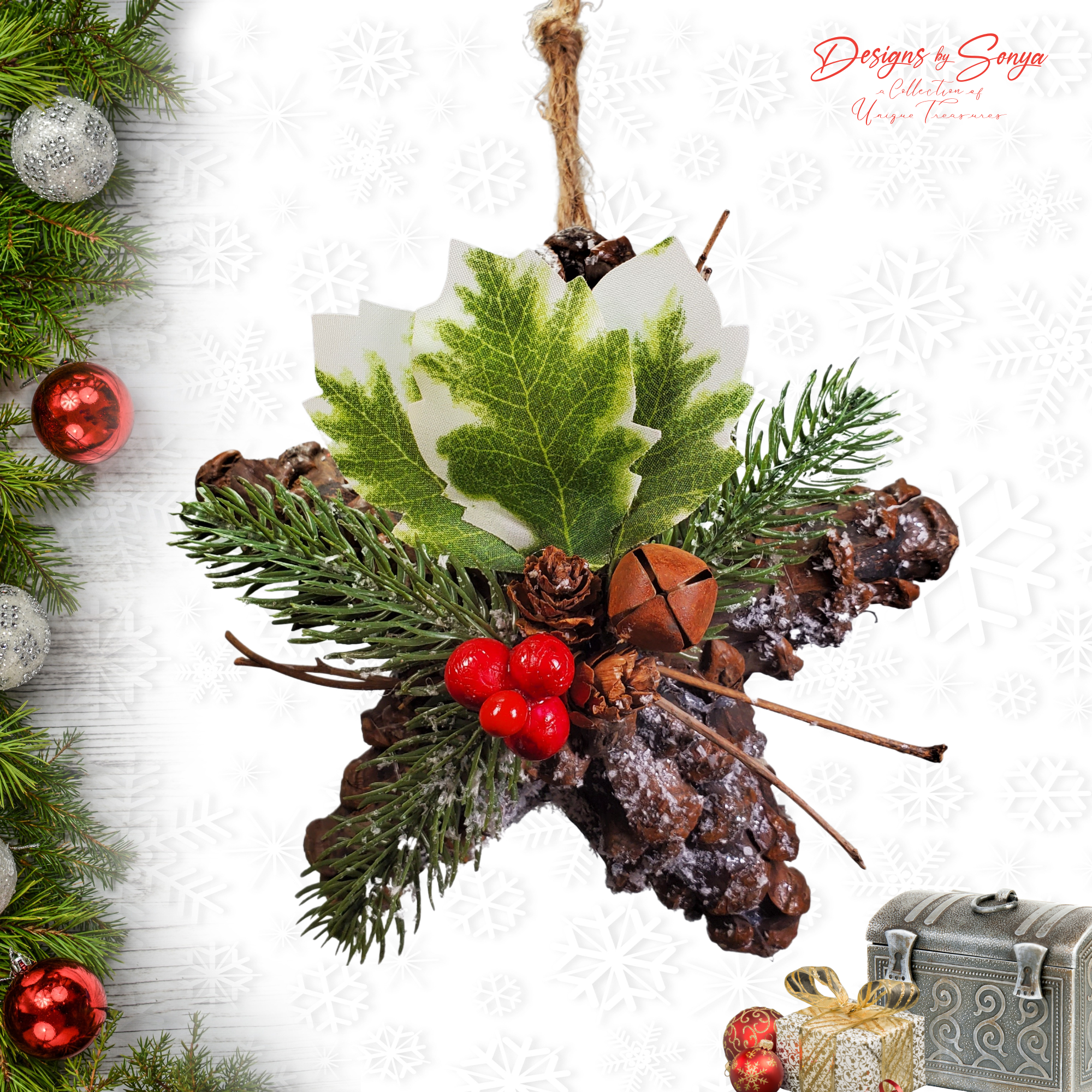 Pinecone Star Ornament Festive Background
Handmade pinecone star ornament decorated with green holly leaves, red berries, pine greenery, and a rustic bell, hanging by jute twine.