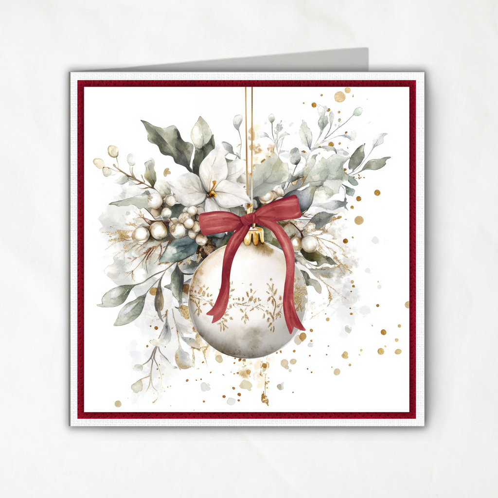 Printable Christmas Card | Red Bow Ornament & White Winter Florals | Elegant Square Holiday Greeting Card