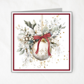 Printable Christmas Card | Red Bow Ornament & White Winter Florals | Elegant Square Holiday Greeting Card