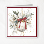 Printable Christmas Card | Red Bow Ornament & White Winter Florals | Elegant Square Holiday Greeting Card
