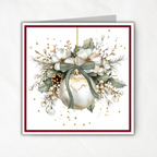 Printable Christmas Card | Sage Green Bow Ornament & White Magnolia Florals | Elegant Watercolor Square Holiday Greeting Card