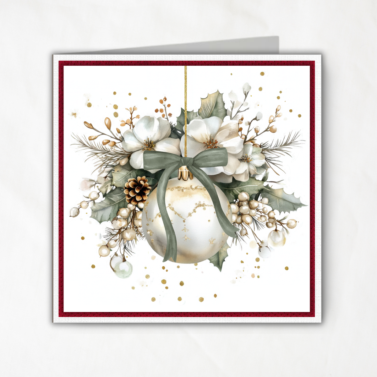 Printable Christmas Card | Sage Green Bow Ornament & White Magnolia Florals | Elegant Watercolor Square Holiday Greeting Card