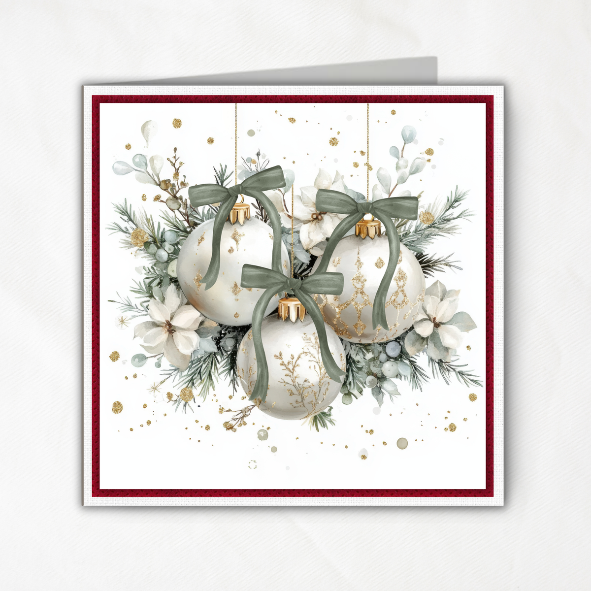 Printable Christmas Card | Sage Green Bows & Ivory Ornaments | White Winter Florals | Elegant Watercolor Square Holiday Greeting Card