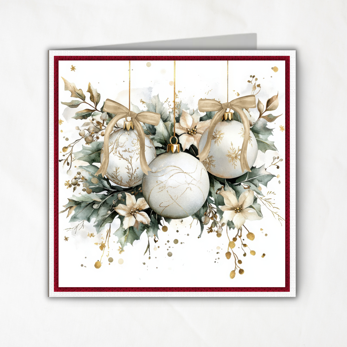 Watercolor Christmas Card Printable | White Ornaments & Winter Florals | Elegant Holiday Greeting Card