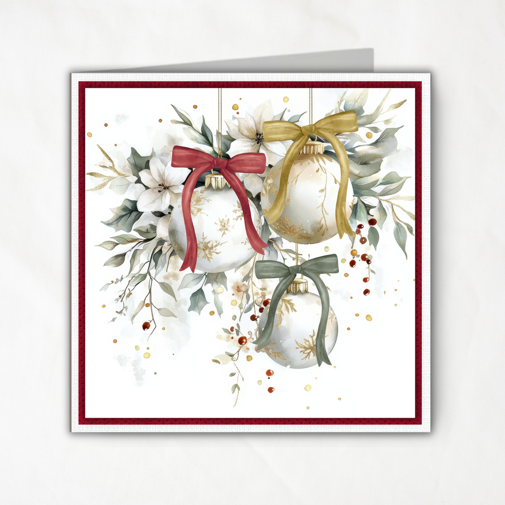 Printable Christmas Card | Red Gold & Sage Green Bow Ornaments | Elegant Watercolor Floral Square Holiday Greeting Card
