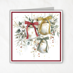 Printable Christmas Card | Red Gold & Sage Green Bow Ornaments | Elegant Watercolor Floral Square Holiday Greeting Card