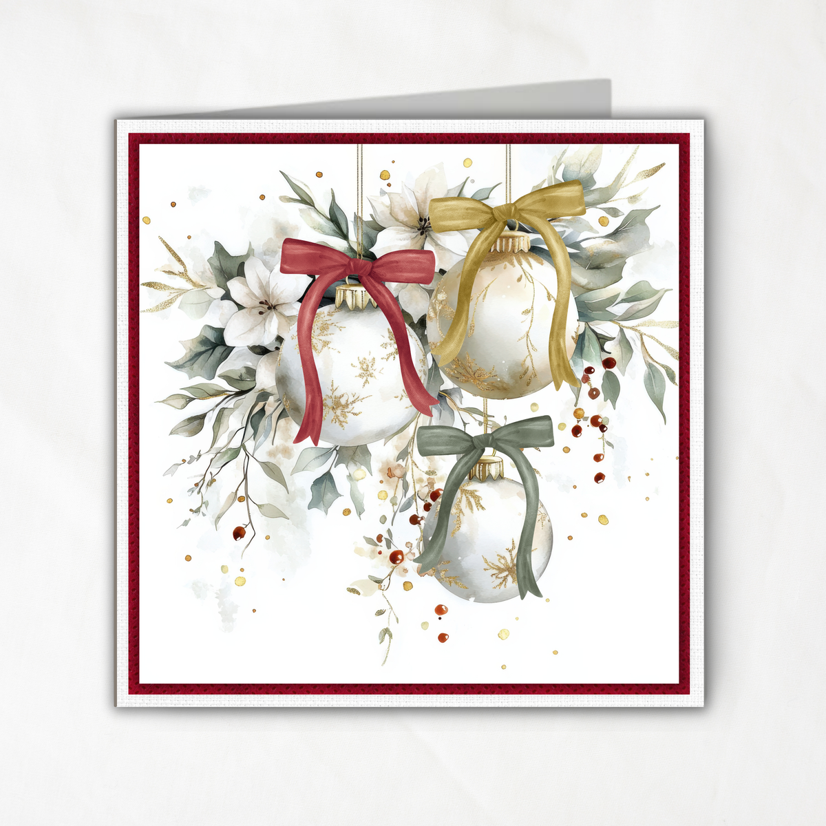 Printable Christmas Card | Red Gold & Sage Green Bow Ornaments | Elegant Watercolor Floral Square Holiday Greeting Card
