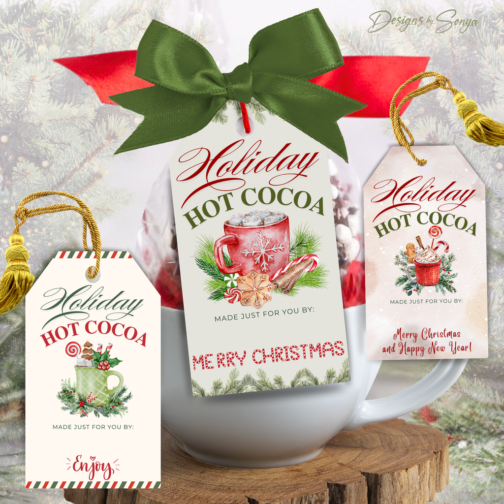 Holiday Hot Cocoa Gift Tags with Mug Designs
Three festive printable hot cocoa gift tags featuring red and green mugs, greenery, candy canes, and holiday accents for Christmas gifting.