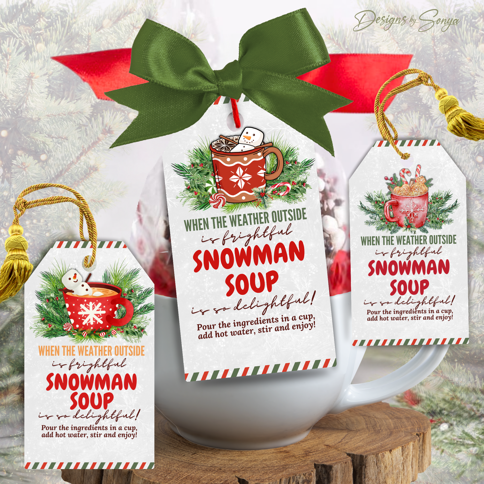 Snowman Soup Gift Tags Trio
Set of three printable Snowman Soup tags featuring red holiday mugs with marshmallows, candy canes, and greenery for Christmas cocoa gifts.