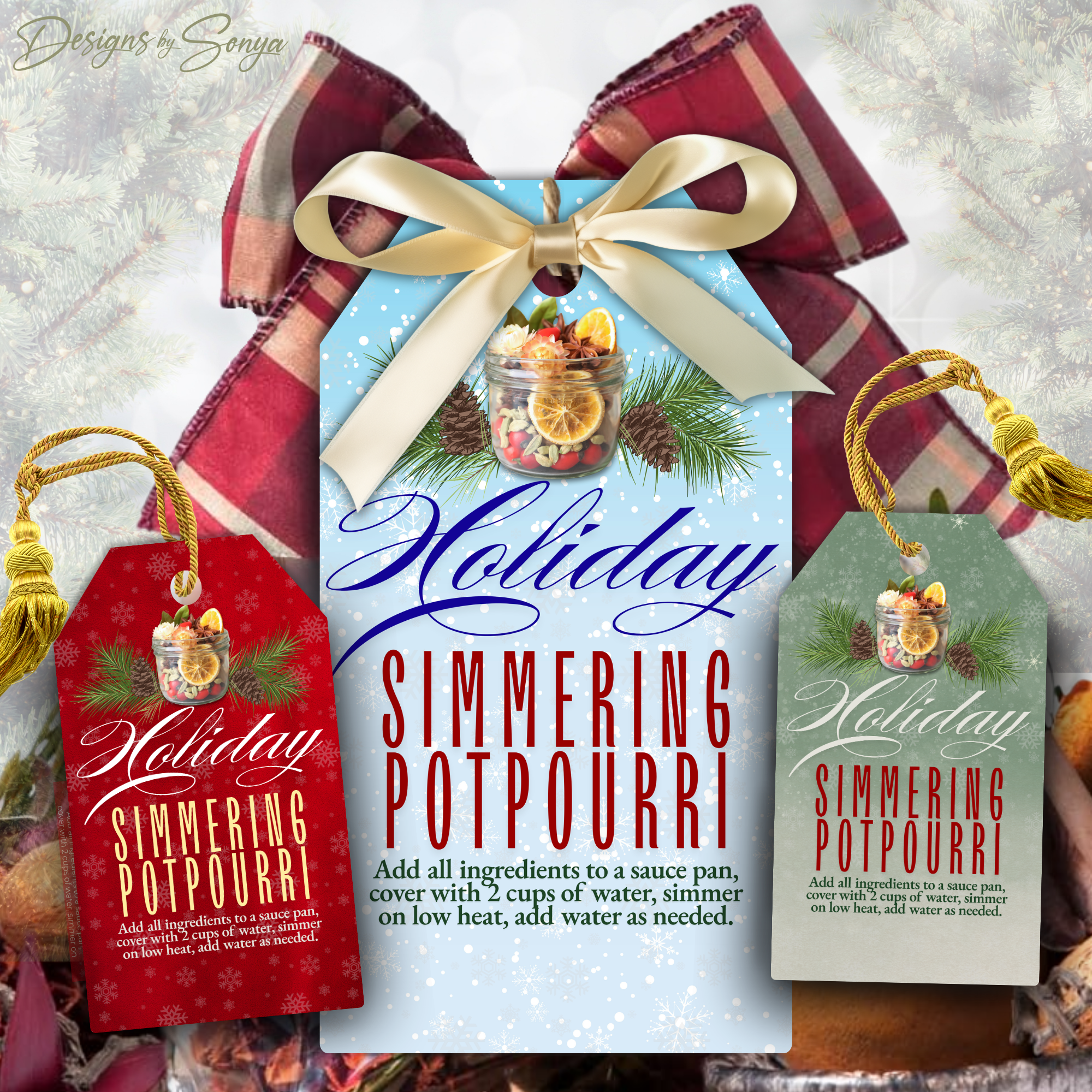 Holiday Simmering Potpourri Gift Tags Set
Three festive simmering potpourri gift tag designs in red, blue, and green with pine, citrus, and pinecone artwork. Perfect for Christmas gifts, corporate giving, and handmade holiday keepsakes.