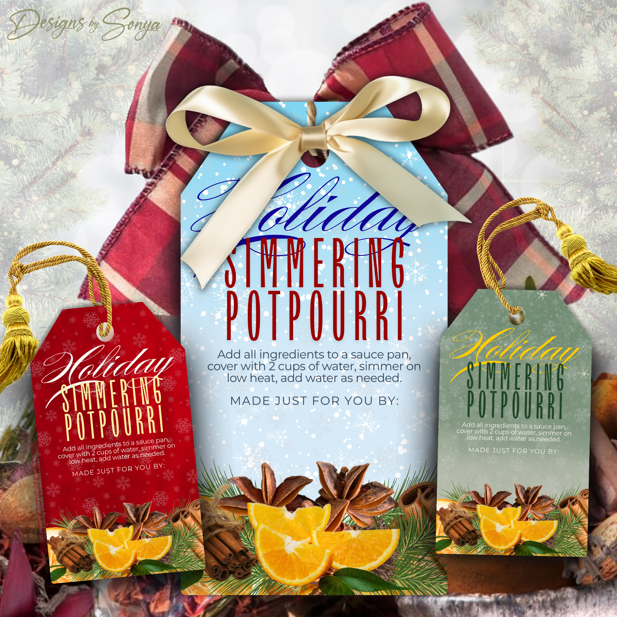 Holiday Potpourri Tags Trio
Three holiday simmering potpourri gift tags in red, blue, and green with pine, cinnamon, star anise, and orange slice accents. Perfect for DIY Christmas gifts.