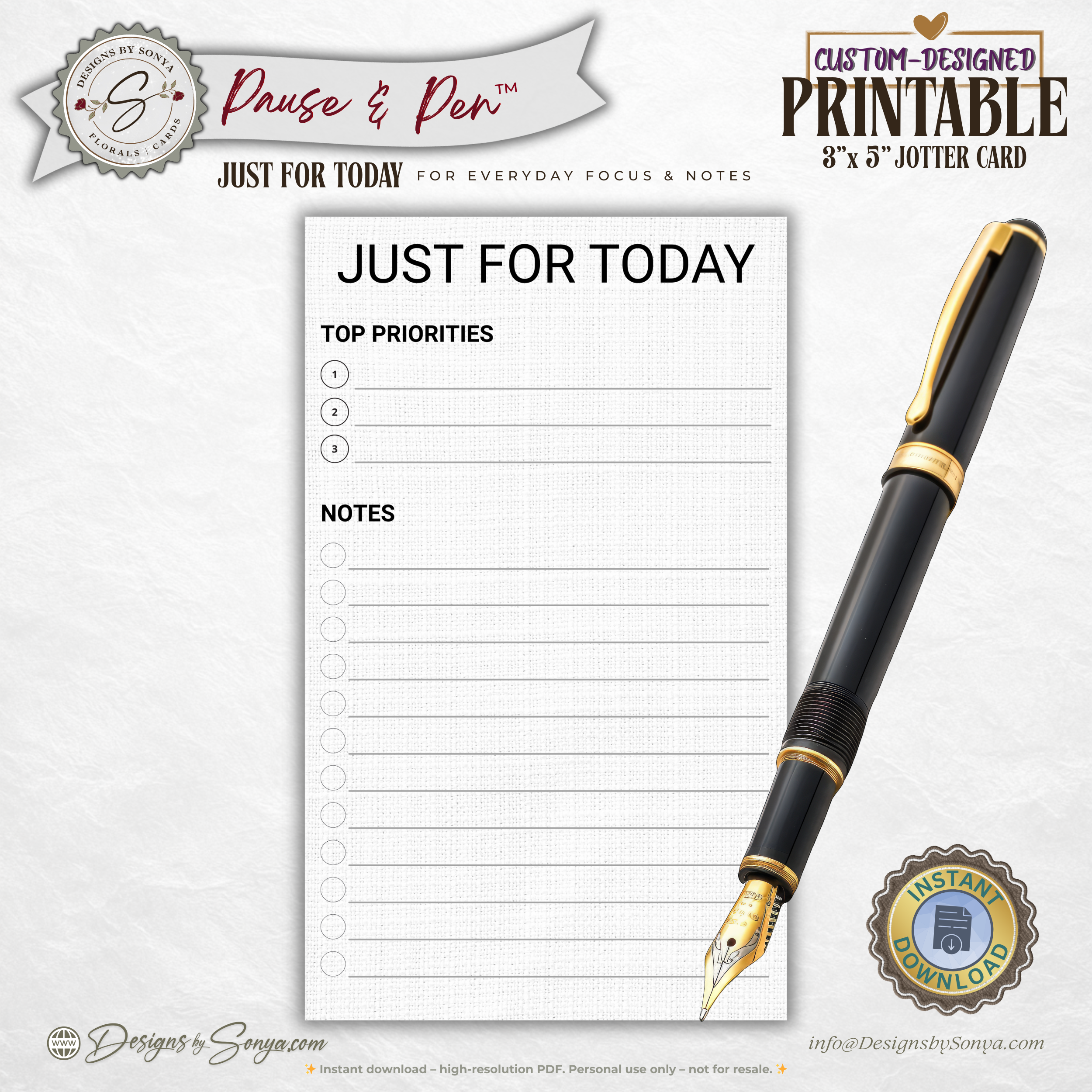 Just for Today Jotter Card Printable – 3x5 Daily Focus & Notes Card – Minimal Task List for Intentional Planning & Simple Living