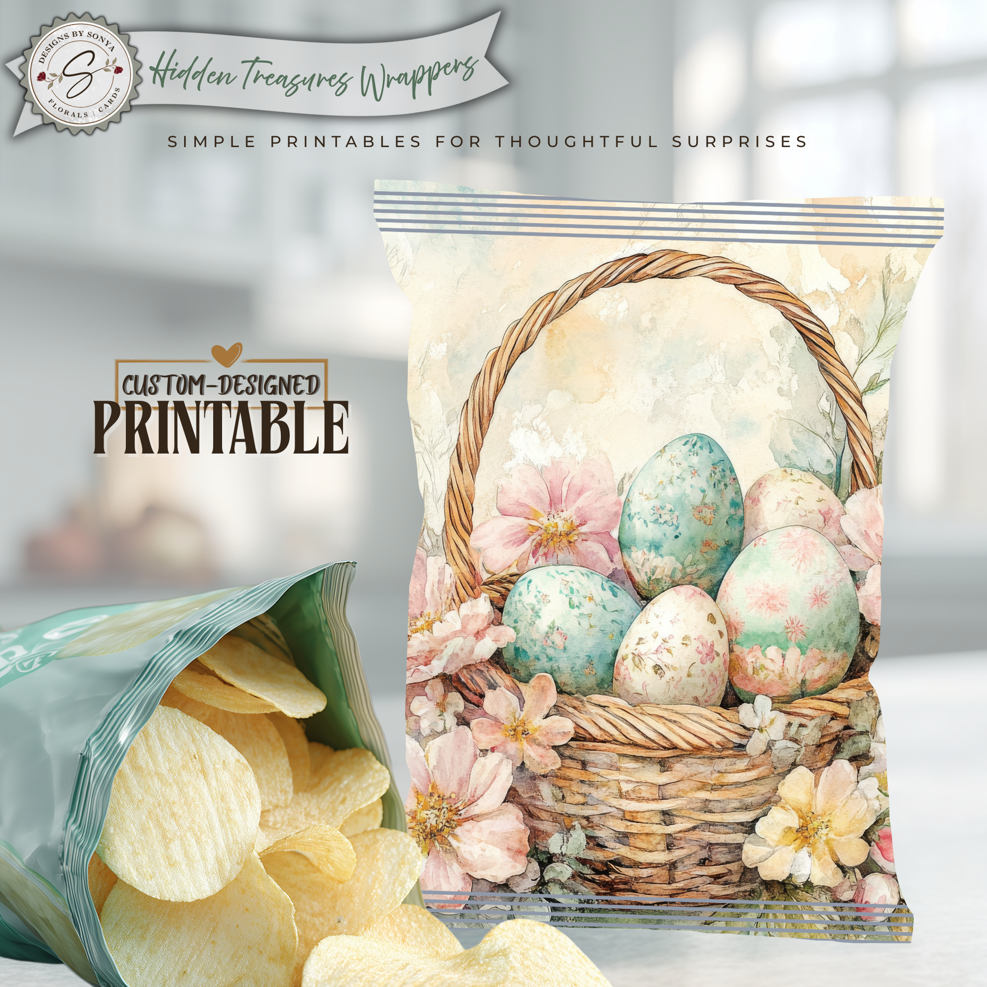 Easter Basket Chip Bag Wrapper Printable – Watercolor Eggs Floral Treat Bag – DIY Spring Easter Basket Party Favor – Snack Wrapper