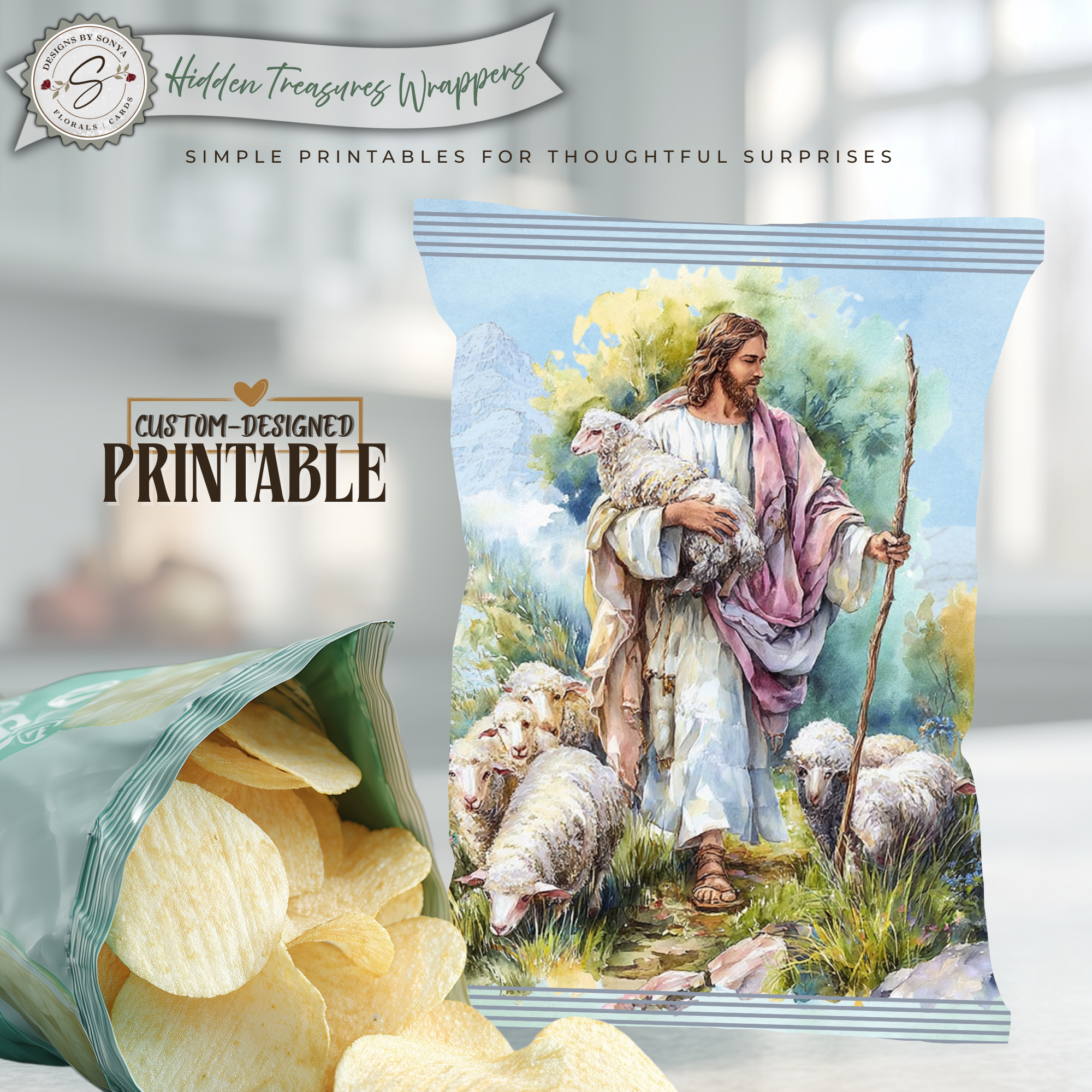 Good Shepherd Printable Chip Bag Wrapper – Christian Easter Treat Bag, Jesus with Lamb – Christian Church Party Favor,  Faith Gift