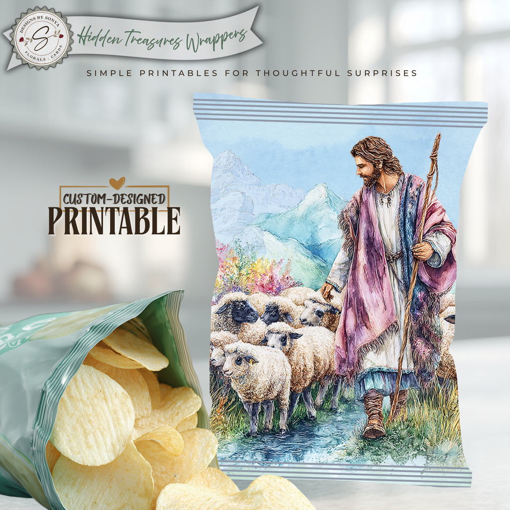 Jesus with Sheep, Good Shepherd Printable Chip Bag Wrapper – Christian Easter Basket Treat – Christian Church Party Favor,  Faith Gift